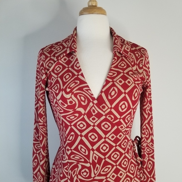 Johnny Was Red/Tan Long Sleeve Wrap Dress Size M Retro Geometric Print Vintage - Picture 7 of 16